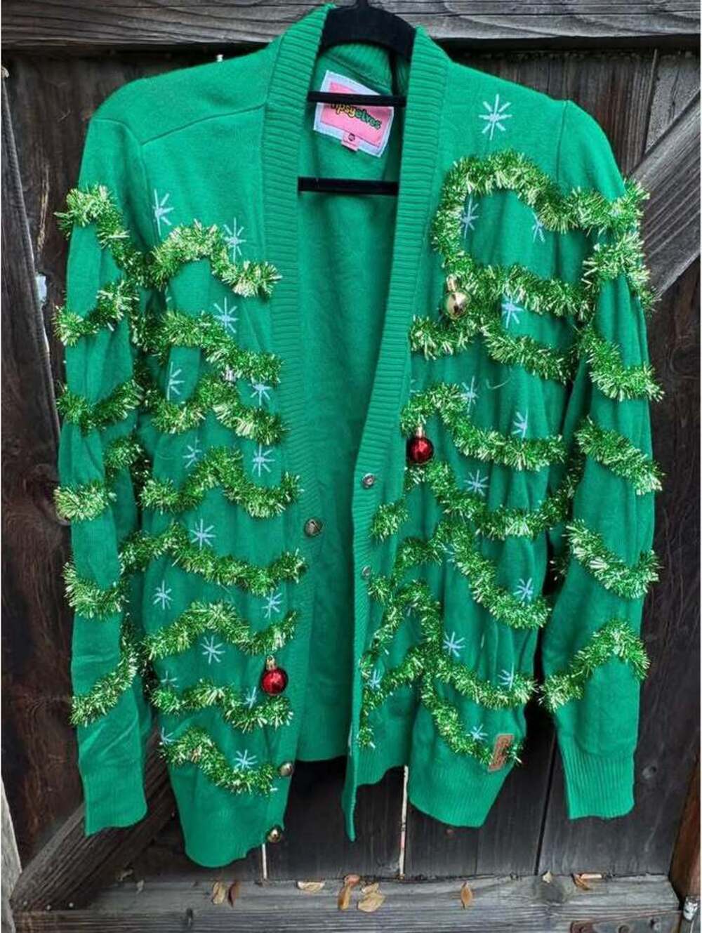 Tipsy Elves ugly Christmas Cardigan sweater.  Tinsel bells 4x